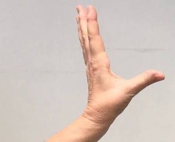 Hand seen from the side, thumb and index finger spread wide apart